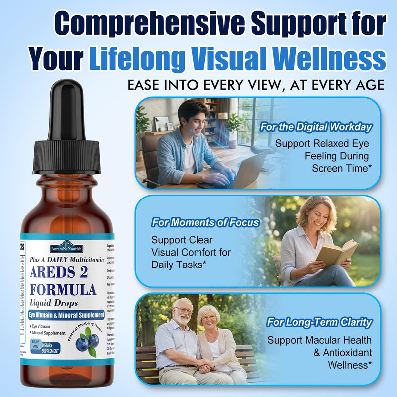 AREDS 2 + Formula Liquid Drops for Macular Health, 22-in-1 Eye Vitamin & Mineral Supplement w. Lutein and Zeaxanthin, Copper, Zinc, Vitamin C, E | Support Vision, Immune & Vitality | Vegan, Non-GMO Blueberry 2 Fl Oz (Pack of 1)