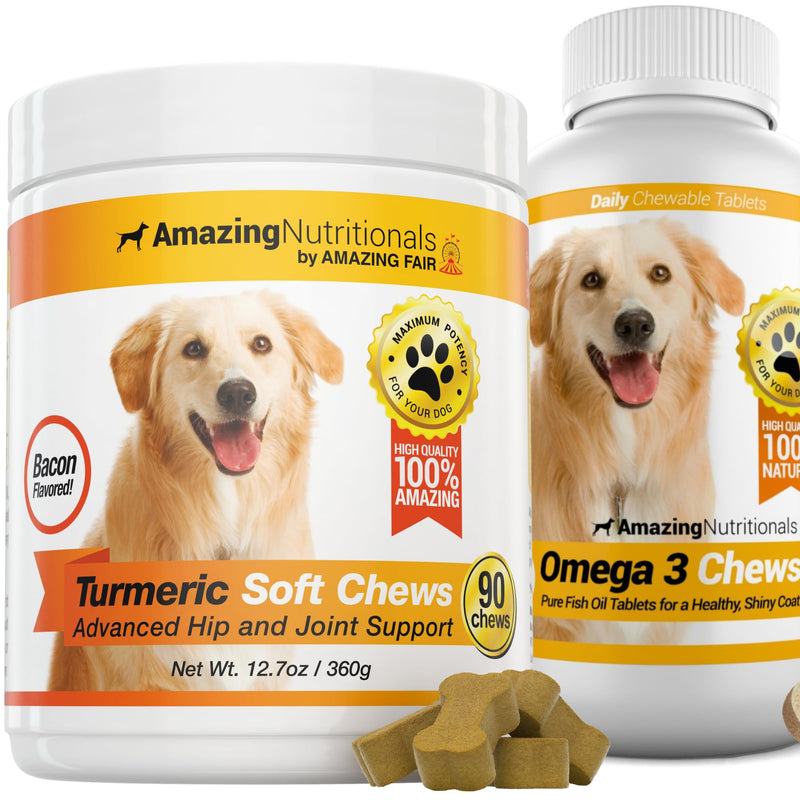 Amazing Skin and Coat Health Joint Support Bundle - Turmeric and Omega 3 for Itchy Skin Relief, Inflammation, Dry Skin, Hot Spots, Shedding