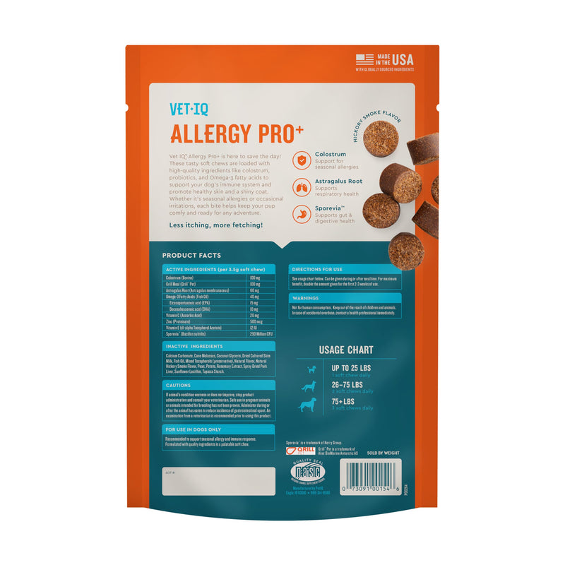 VetIQ Allergy Pro+ Soft Chews for Dogs, Dog Allergy Chews, Seasonal Support, Colostrum, Astragalus Root, Sporevia, Hickory Smoke Flavor, 60 Count 60 Count Dog Supplements