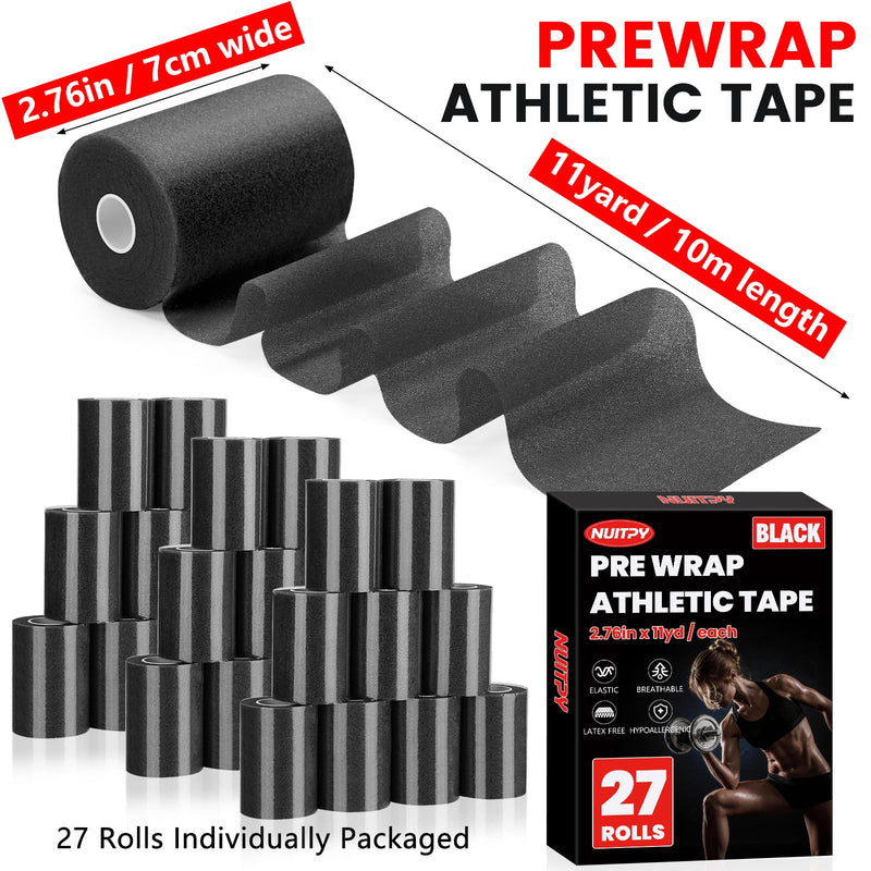 27 Pack Pre Wrap Athletic Tape, 2.76 Inch x 11 Yards Prewrap Tape for Hair Soccer, Pre Wrap Foam Underwrap Tape, Soccer Pre Wrap Tape, Prewrap Tape for Hair, Wrists, Hands, Ankles, Knees - Black Black-27 Pack - BeesActive Australia