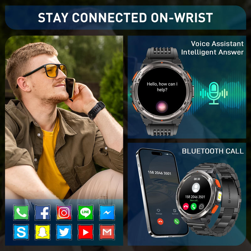 Military Smart Watches for Men with LED Flashlight, Tactical Rugged Smart Watch with 1.45" HD, 3ATM Waterproof & Compass, Sports Fitness Tracker with Heart rate/SPO2/Sleep Monitor KE5-Grey Button
