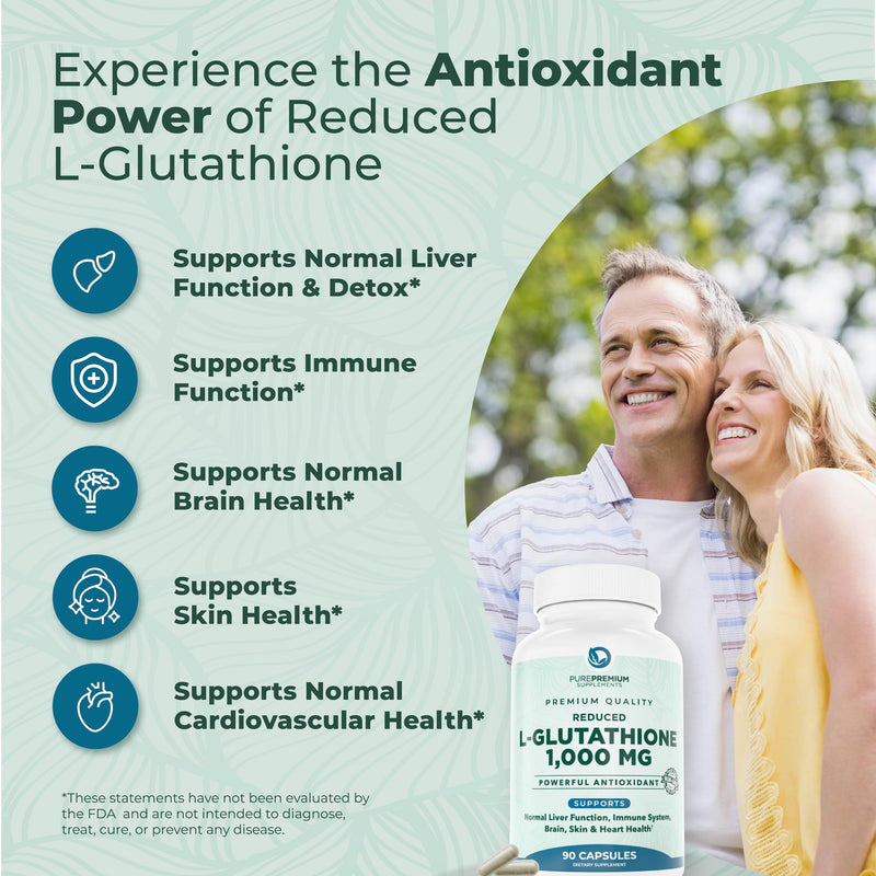 PurePremium Reduced Glutathione 1000mg Per Serving - 500mg Per Capsule ‚Äì L-Glutathione Supplement & Antioxidant Support for Normal Liver, Brain, Skin & Heart Health ‚Äì 90 Capsules - BeesActive Australia