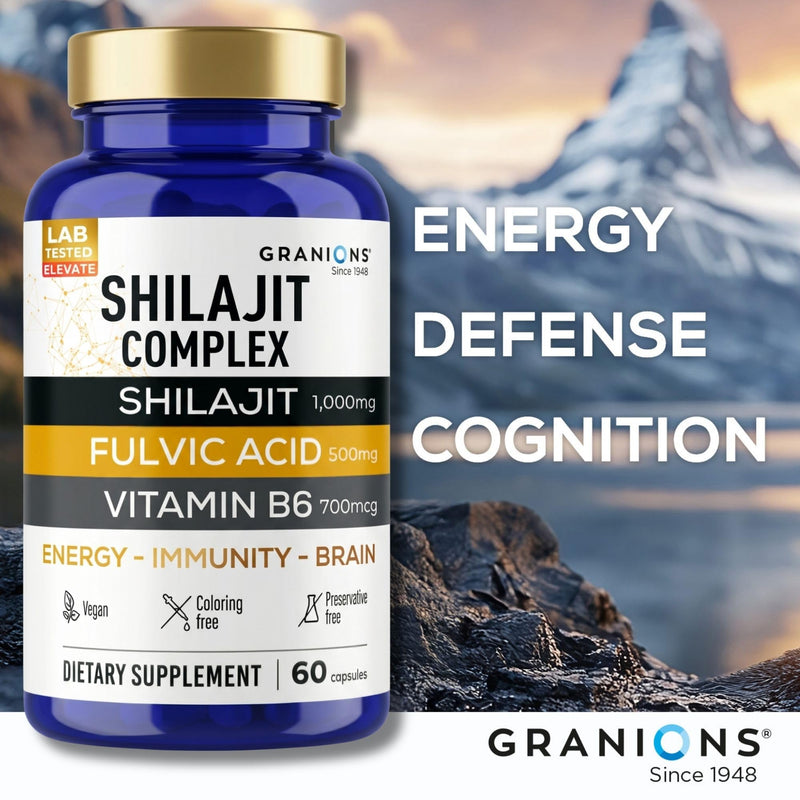 Granions Pure Shilajit for Men Capsules - Fulvic Acid Supplement, 1,000mg Himalayan Shilajit with Vitamin B6 - Ultra Energy, Vitality & Brain Support for Men and Women Supplements - 60 Capsules Shilajit (60 capsules)