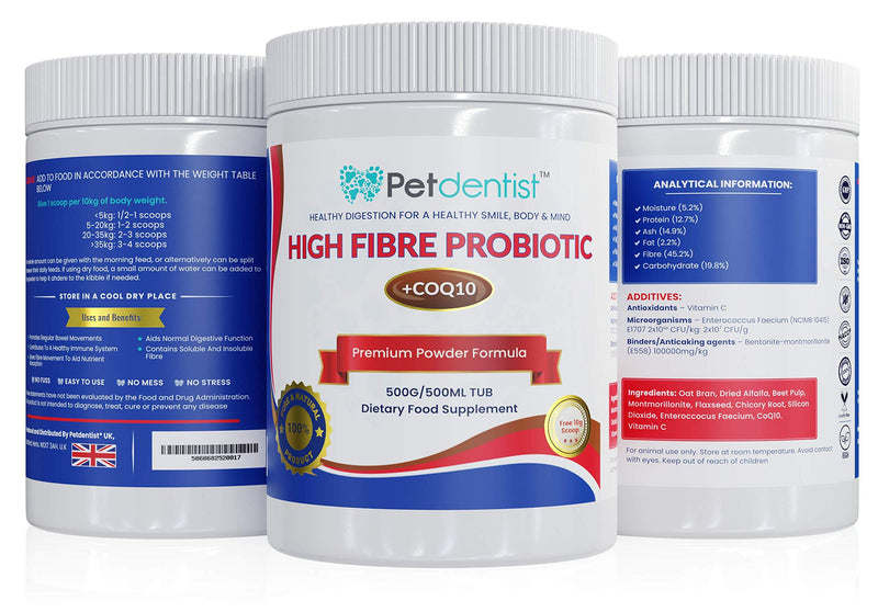 High Fibre Probiotics for Dogs and Cats - Premium Fiber Powder Supplement for Dogs, Anal Glands, Gut Health, CoQ10, Vitamin C for Digestion, Oral Care, Heart Support - 500 Grams