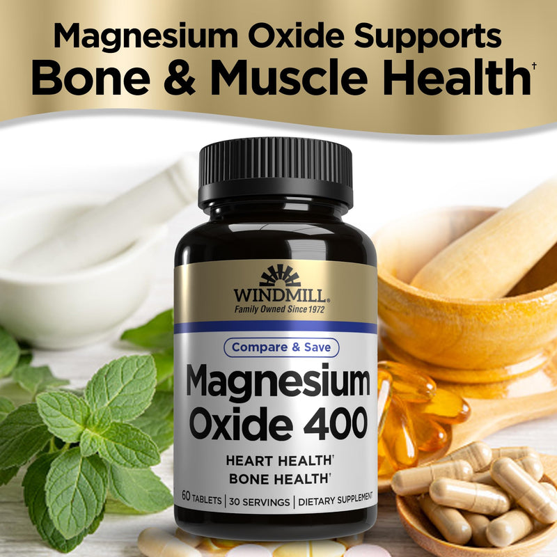 Windmill Natural Vitamins Magnesium Oxide 400 mg, Immune Support, Supports Muscle Recovery, Supports Healthy Heart, 60 Count, 30 Servings