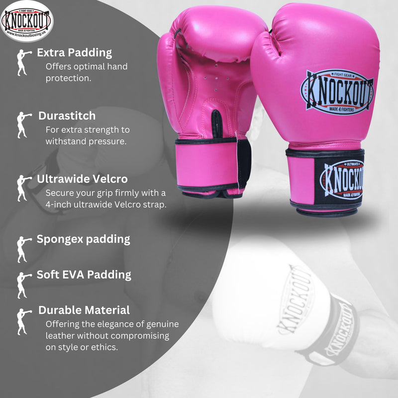 Knockout Gel Boxing Gloves for Men Women - Pro Training Sparring, Maya Hide Leather Muay Thai MMA Kickboxing, Adults-Kids Heavy Bag Workout Gloves for Boxing -Ultra-Wide Wrist Support 10 oz - 16 oz Pink