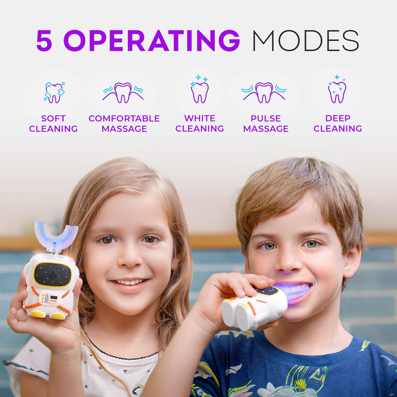 Sensory 360 Round U-Shaped Astronaut Design Mouthguard Electric Toothbrush for Kids Ages 2-7 - Automatic Memory Function - 5 Modes Toothbrush with Multiple Heads – Kids Travel Essentials (White) White