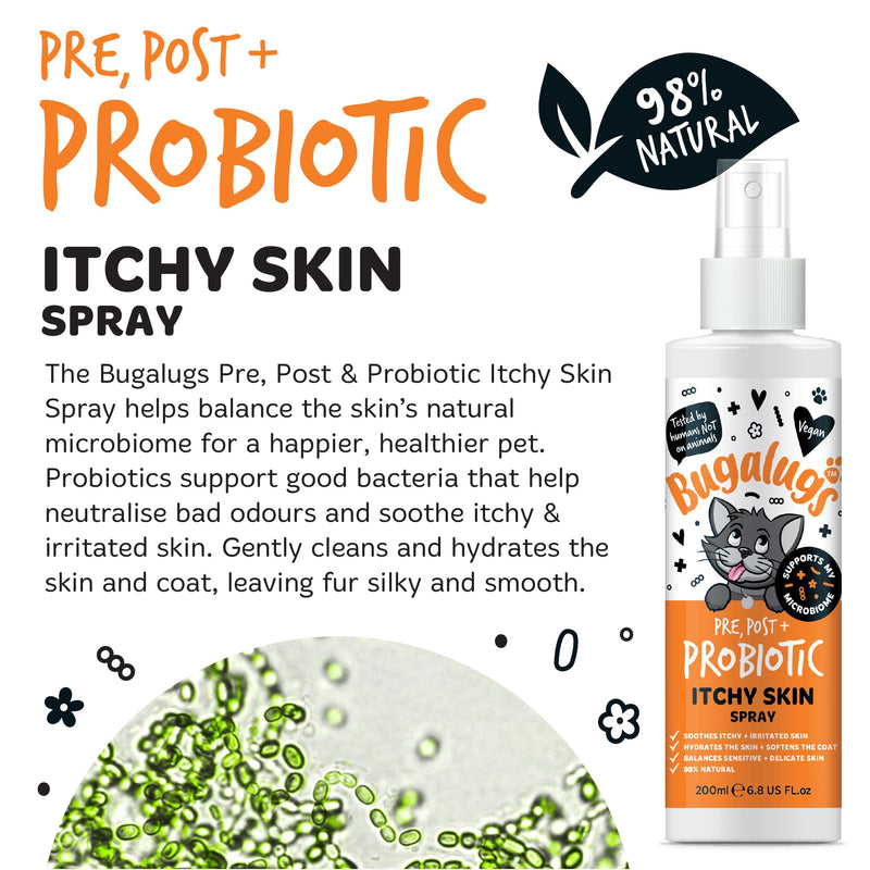 Bugalugs Probiotic Cat Spray for itchy skin. Leave in spray to condition, nourish and hydrate skin and coat. Professional cat cleaning and grooming formula