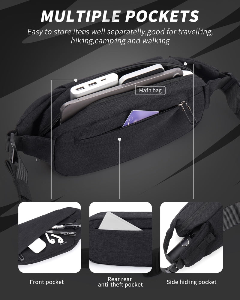 Fanny Pack for Mens Crossbody Bag, Sling Bag for Women Anti Theft Waist Packs with Adjustable Strap Casual Daypack for Running Sports Hiking Cycling Travel Walking - Black A2-Black
