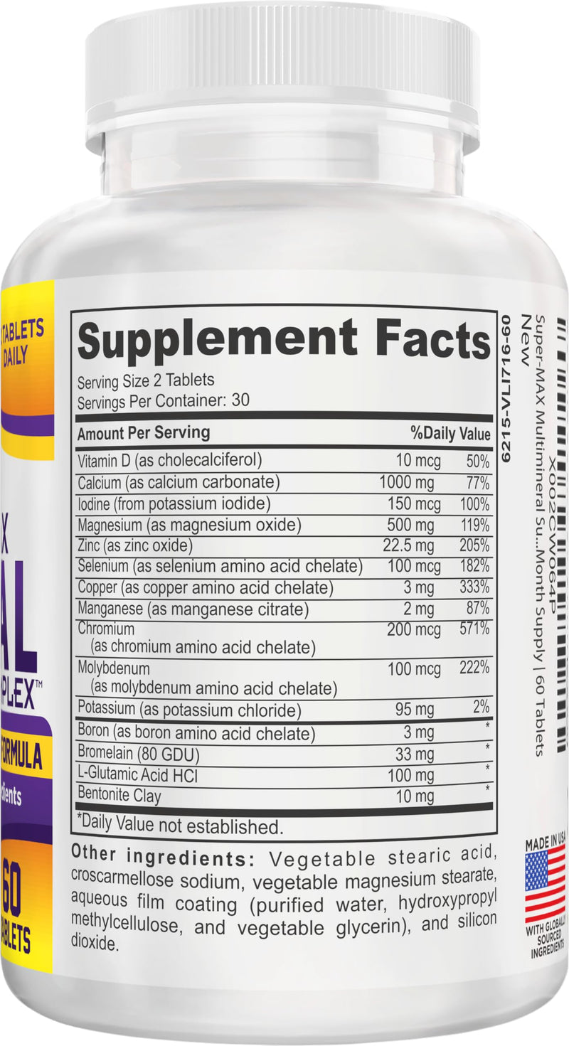 15-in-1 Multimineral Supplement (Iron-Free) Complex | Daily Health Support Minerals | Men & Women | 1-Month Supply | Multi-Mineral Supplements | 60 Tablets