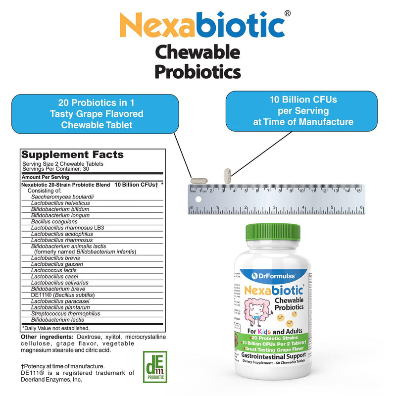 DrFormulas Chewable Probiotics for Kids & Adults | for Oral Dental Health, Bad Breath, & Better Digestion 20 Multi Strain - S boulardii, Lactobacillus plantarum and Bifidobacterium infantis, 60 Chews 60 Count (Pack of 1)