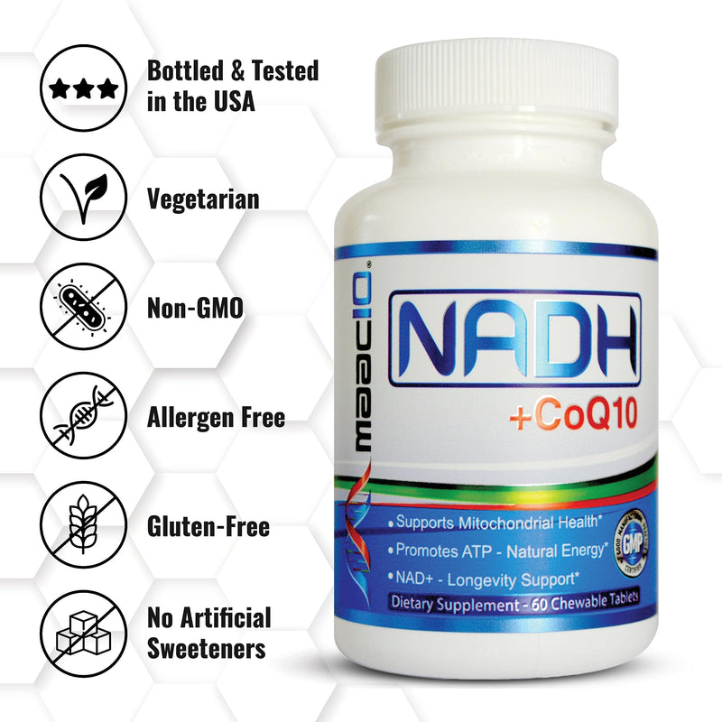 MAAC10 NADH + CoQ10 Supplement, Great Tasting Chewable Tablets, 60 Tablets | For Fatigue, Cellular Energy and Mental Focus, NAD+ Supplement with 50mg PANMOL® NADH + 100mg CoQ10, 30 Day Serving 60 Count (Pack of 1)