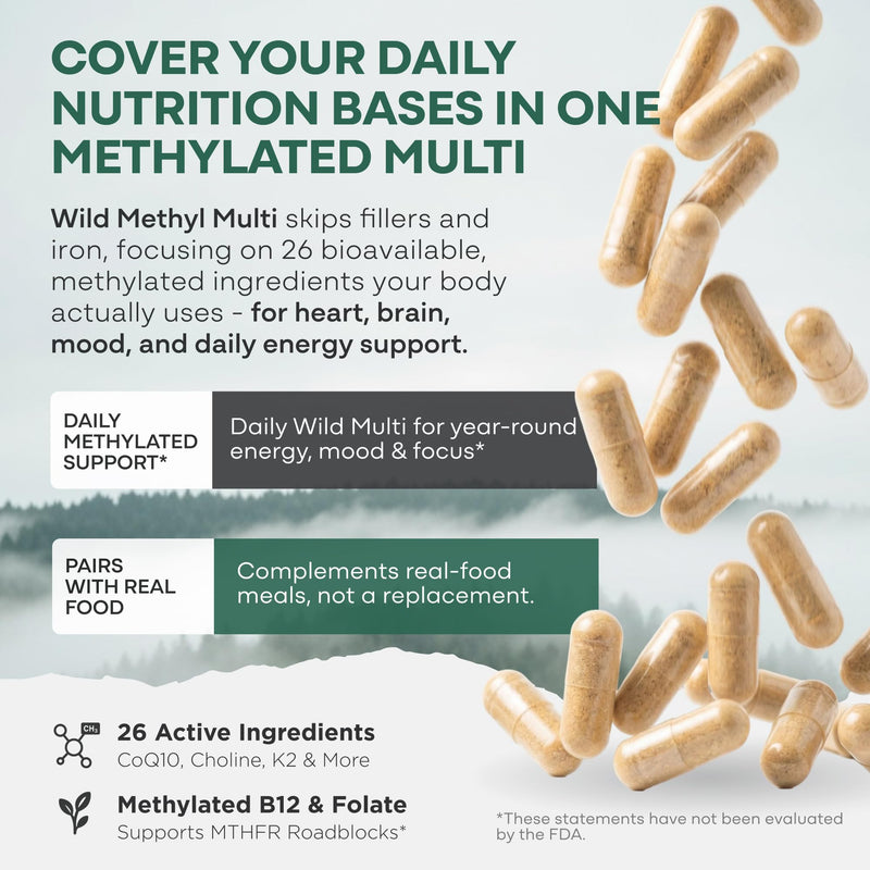 Wild Methylated Multivitamin for Men & Women, MTHFR Supplement 120 Capsules | Without Iron Methylated B12, Folate, Vitamin C, A, K2, D, E, Choline, Biotin, ALA, CoQ10, Non-GMO, Gluten Free, Vegetarian 60 Count (Pack of 2) Men/Women