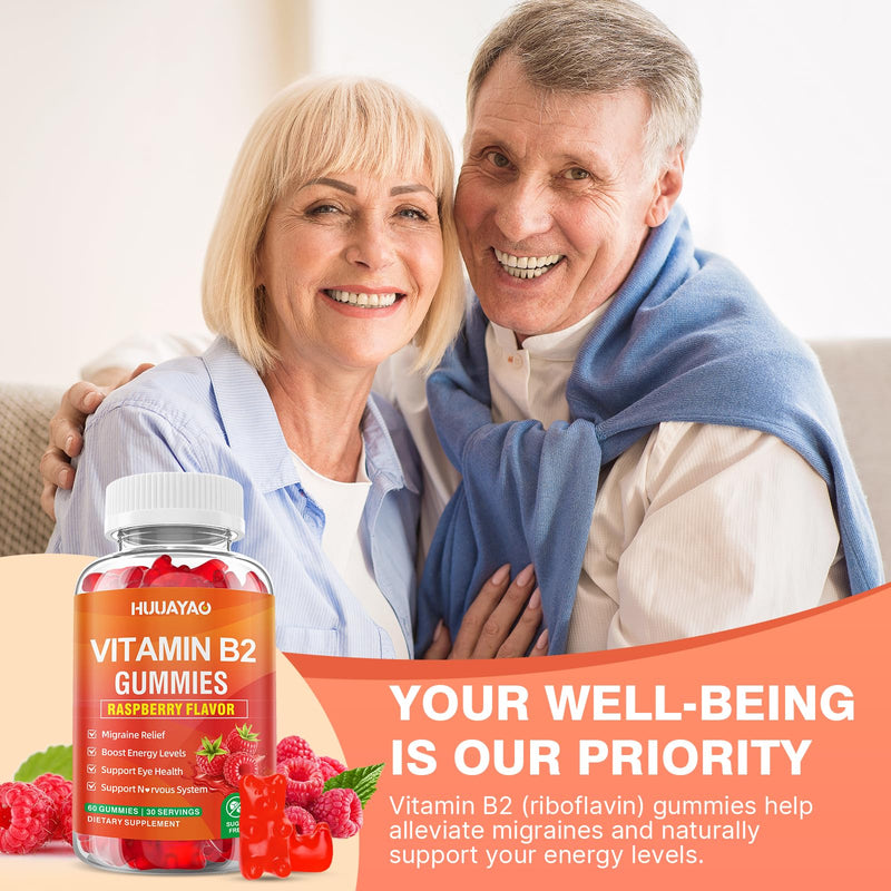 Vitamin B2 Gummies, Riboflavin Supplement with Magnesium for Kids & Adults, B2 Gummies for Migraine Relief & Nervous System Support, Vegan, Sugar-Free, Raspberry Flavor, 120 Count 120 Count (Pack of 1)