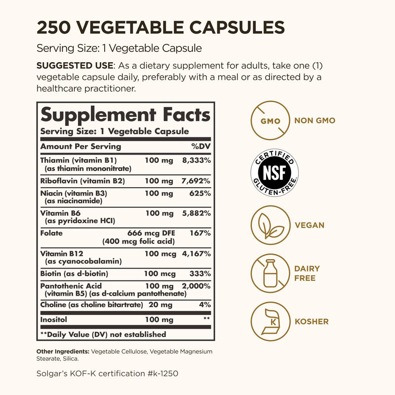 Solgar B-Complex "100", 250 Vegetable Capsules - Nervous System Support - Supports Energy Metabolism - Non-GMO, Vegan, Gluten Free, Dairy Free, Kosher - 250 Servings 250 Count (Pack of 1)