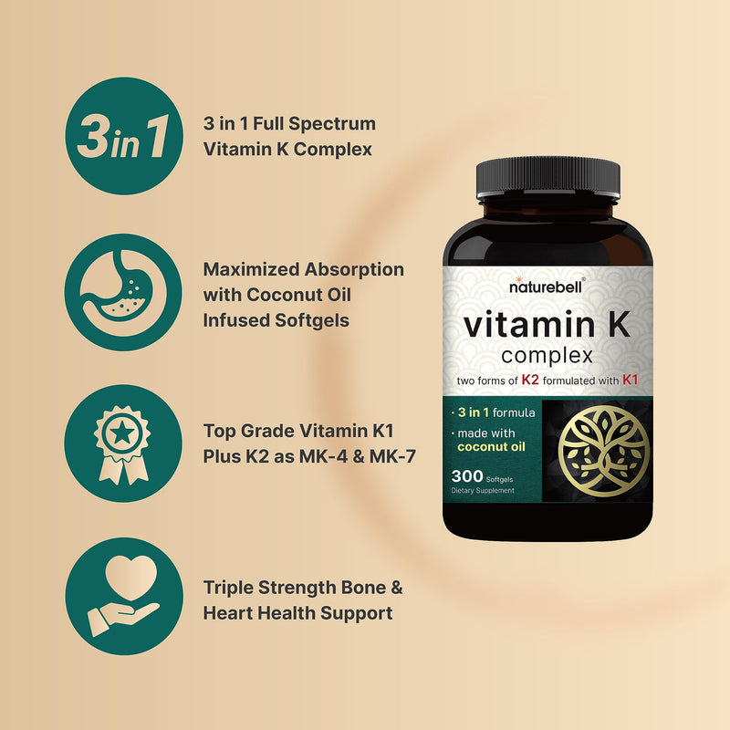 NatureBell Vitamin K Complex, K1 + K2 (MK-7 & MK-4) 2,600mcg Per Serving, 300 Coconut Oil Softgels | Max Absorption – Full Spectrum K Vitamins Supplement | Heart & Bone Support | Non-GMO 300 Count (Pack of 1) - BeesActive Australia