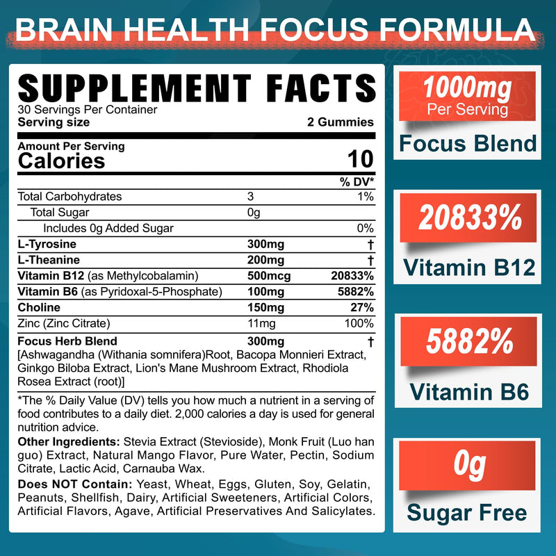 Sugar Free L-Tyrosine Gummies 300mg L-Theanine 200mg Vitamin B6 100mg & B12 500mcg, Brain Health Herbs 300mg w/Ginkgo Biloba, Rhodiola Rosea, Lion's Mane Mushroom for Sustained Focus & Energy, 1Pack 60 Count (Pack of 1)