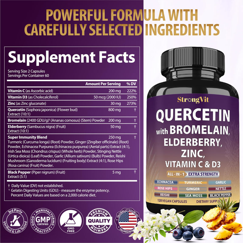 StrongVit Quercetin with Bromelain, Elderberry, Vitamin C, D3 and Zinc. Super Immune Support Supplement. Organic Complex for Men & Women, Non-GMO, Gluten-Free, Vegan, USA (120 Capsules) 120 Count (Pack of 1)