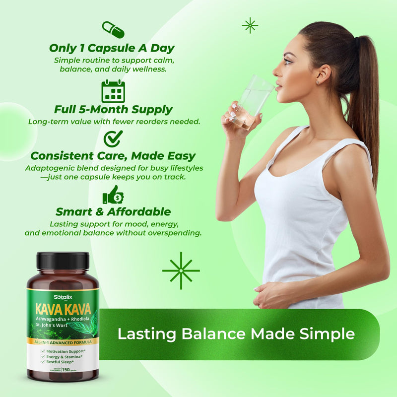 Sotalix Kava Kava Supplement with Ashwagandha Rhodiola St. John's Wort for Mood, Energy & Calming Support - USA Made & Tested (150 Count (Pack of 1))