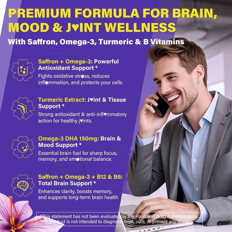 Saffron+Magnesium Glycinate+Omega-3- Mood+ Calm Focus Supplements,100% Pure | Saffron Extract 100mg-Liposomal Saffron Supplements w/Turmeric, Ashwagandha, Vit B6, B12, D3 for Brain, Energy, 60 Softgels. 60 Count (Pack of 1)