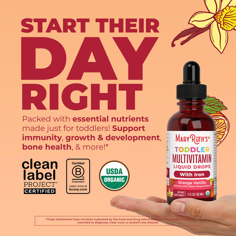 MaryRuth's Organic Toddler Multivitamin Drops with Iron, Vegan, 30 Servings | USDA Organic, Immune Support, Bone Health, Growth & Development, Overall Wellness Cocomelon Todder Multi + Iron