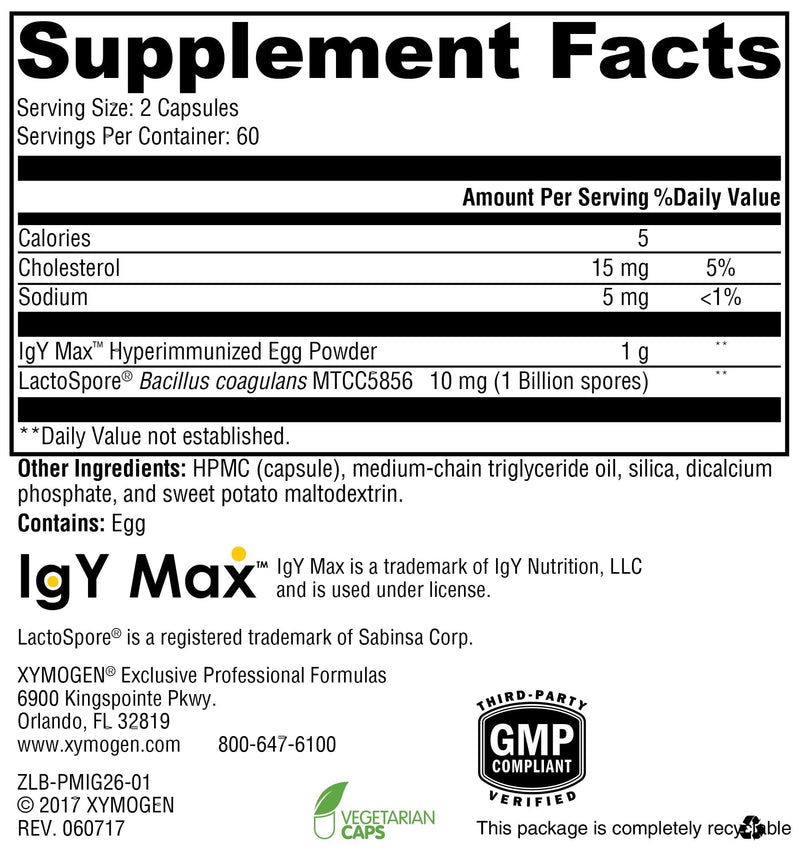 XYMOGEN ProbioMax IG 26, 120 Capsules | Immunized Egg Powder and Bacillus Coagulans, Digestive Health Support, Vegetarian, Gluten-Free, and Non-GMO