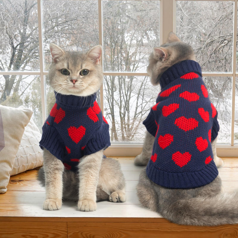 KOOLTAIL Cat Sweater Turtleneck- Soft Knit Cat Sweaters for Cats Only, Cat Christmas Sweater Red Heart Love Pattern Thick Warm Cold Weather Clothes for Small Medium Large Size Kitten Puppy Navy M - BeesActive Australia