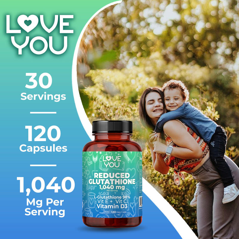 Love You Reduced Glutathione 98% Purity 1040 mg + Vitamin C, E & D3 - Intracellular Antioxidant - Supports Detoxification & Immune Function - 120 Veggie Caps, 30 Servings