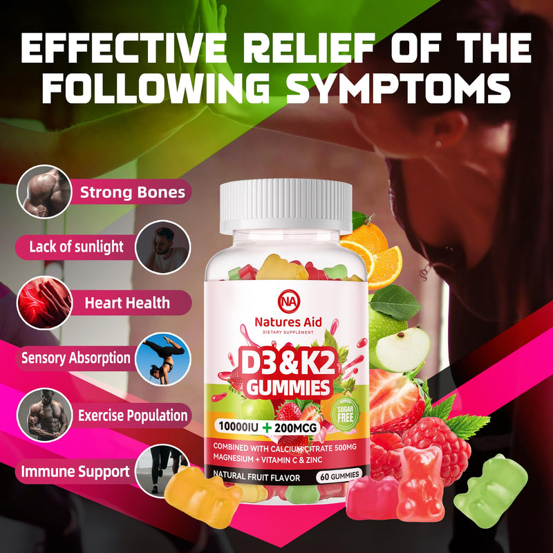 Natures aid Sugar-Free Vitamin D3 K2 Gummies with Calcium + K2 (MK-7), Magnesium Citrate, Vitamin C, Extra Strength - Ultimate Absorption for Bone Muscle Teeth Immune, Vegan - 120 Gummies 120 Count (Pack of 1)