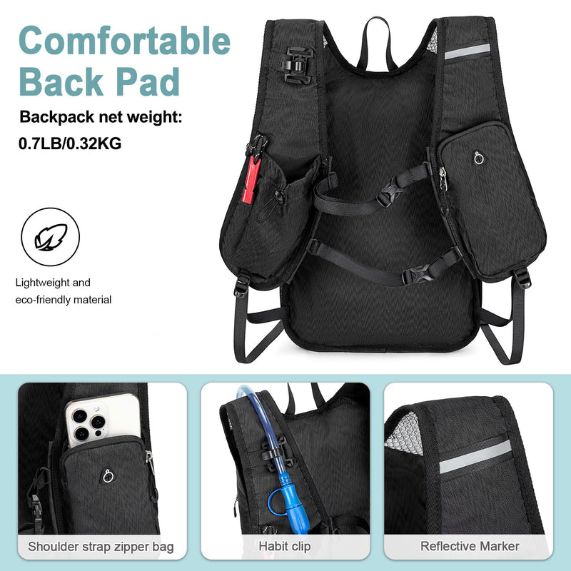 BOVIP Lightweight Hydration Back,15L Multipurpose Hiking Backpack with 1.5L Water Bladder ,Hydro Water Daypack for Cycling Hiking Rave for Men Women Black