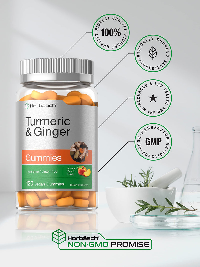 Horbäach Turmeric and Ginger Gummies | 120 Count | Peach Flavor | Vegan Non-GMO & Gluten Free Supplement - BeesActive Australia