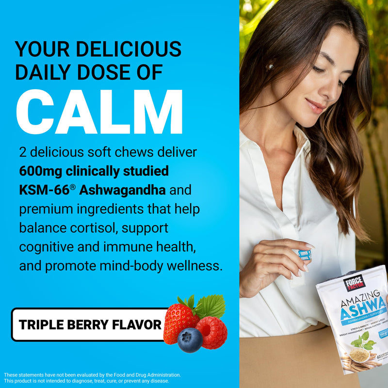 Force Factor Amazing Ashwa, Ashwagandha Supplement for Stress Relief | Memory, Focus, and Immune Support with KSM-66 Ashwagandha for Stress, Triple Berry, 120 Soft Chews 60 Count (Pack of 2)