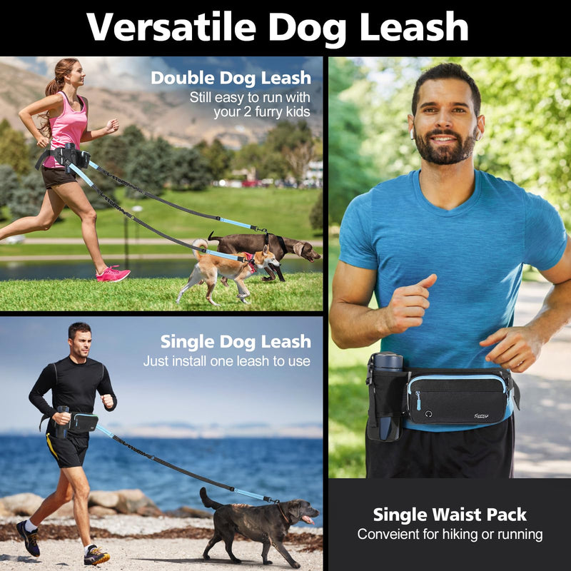 Hands Free Dog Leash 2 Dogs, Adjustable Waist Leash for Dog Walking with Dual Bungees Padded Handle, Shock Absorbing Hands Free for Small Medium-Sized Dogs Outdoor Activities, Black+Blue 2 Leashes - BeesActive Australia