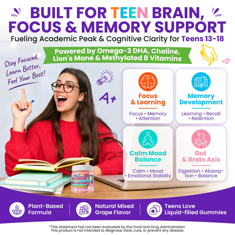 LILICARE Teen Brain Focus Vitamin Gummies with Omega-3,Lion's Mane Mushroom | 23-IN-1 Advanced Teens Brain Formula Helps Support Focus, Memory & Mental Performance for During School, Study & Exams 60 Count (Pack of 1) Teens Brain Gummies, 60 Count