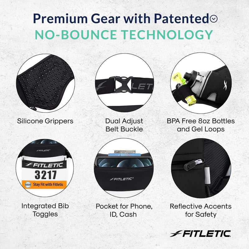 Fitletic Hydration Running Belt with Water Bottles for Men & Women – 2 Quick Flow 8oz Running Water Bottles, Patented Bounce Free Design, Water Resistant Pouch Fits All Phones – Hydra 16 L/XL (35"-42") Black - BeesActive Australia