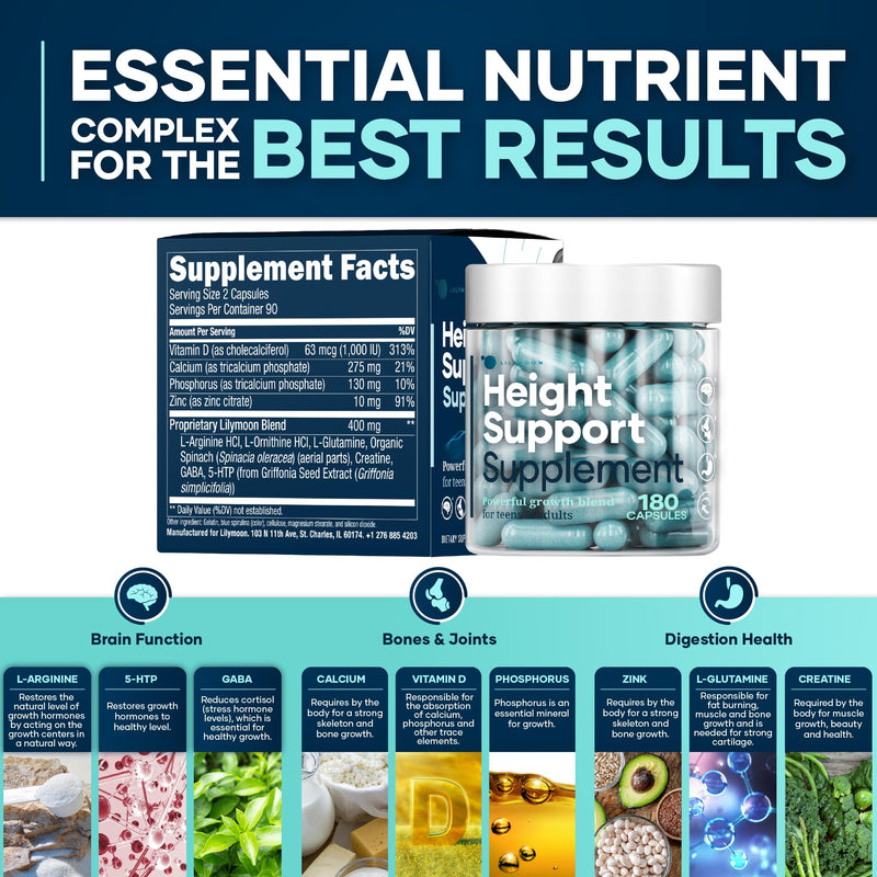 Height & Bone Support Supplement - Premium Height Growth Supplement for Kids & Teens with Calcium - Nutritional Support Bone Health Formula - Height Increase Essential Vitamins - 180 Caps 180 Count (Pack of 1)