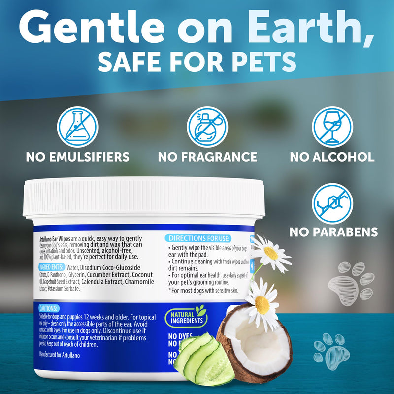 Artullano Canine Ear Wipes - Dog Ear Cleanser - Wipes for Dogs Health Support - Vet Developed