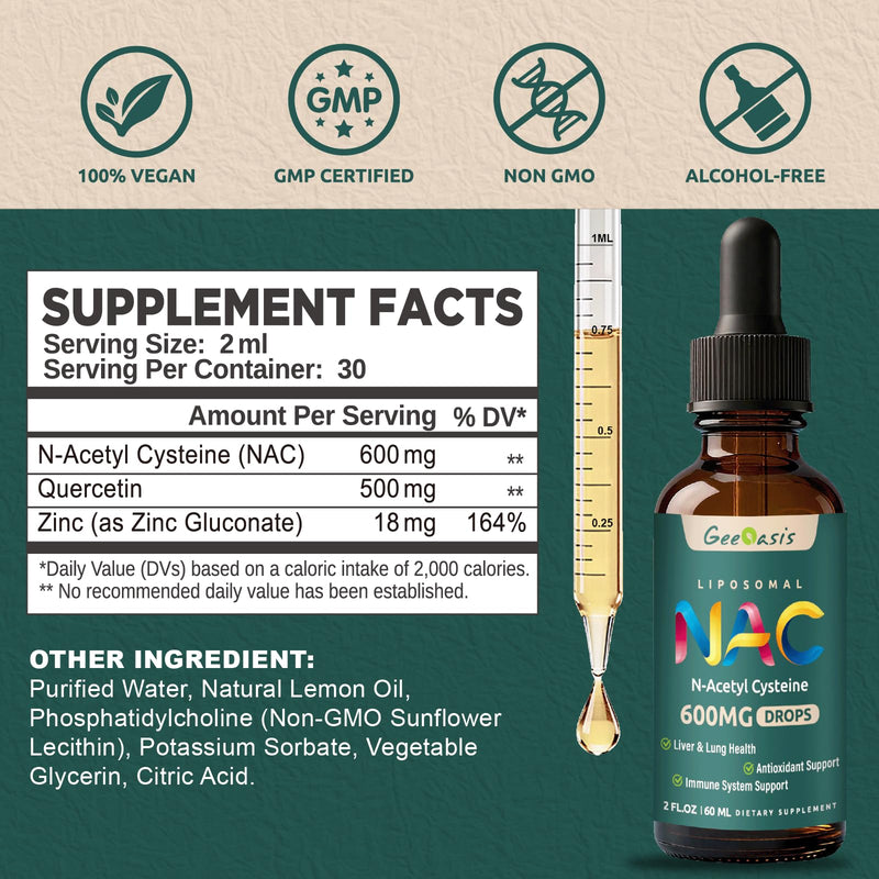 Liposomal Liquid NAC Supplement N-Acetyl Cysteine Drops, N Acetyl Cysteine 600 mg with Quercetin & Zinc for Adults & Kids, Liver & Lung Support, Antioxidant, Immune & Skin Health, 2 Fl Oz 2 Fl Oz (Pack of 1)