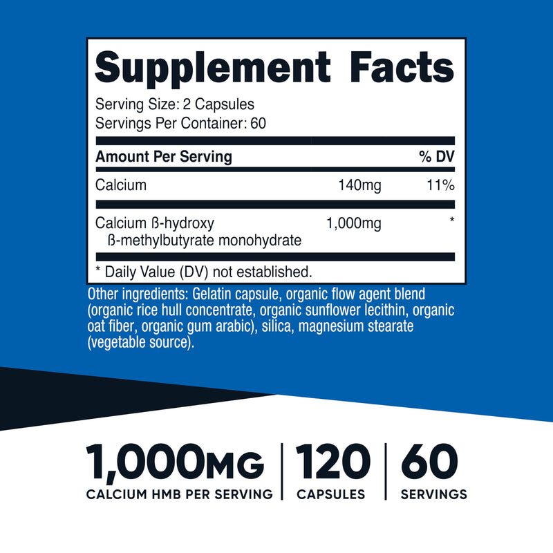 Nutricost HMB (Beta-Hydroxy Beta-Methylbutyrate) 1000mg, 120 Capsules | 500mg Per Capsule, 60 Servings - Gluten Free and GMO-Free 120 Count (Pack of 1)