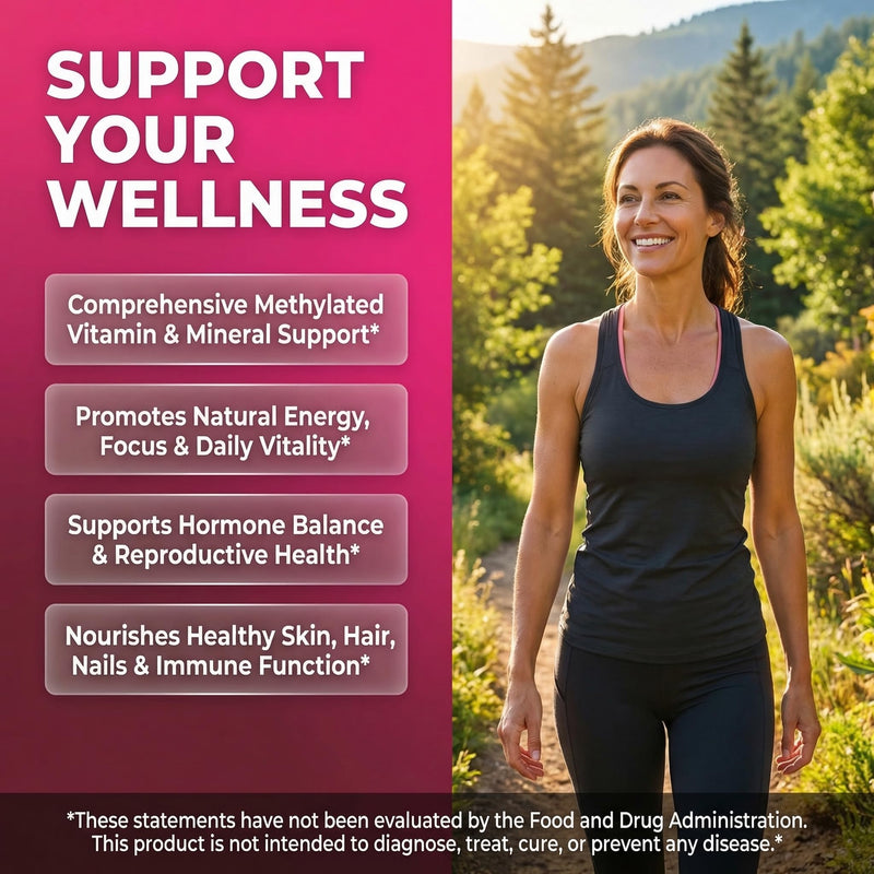 Methylated Multivitamin for Women Vitamins B6 Methyl B12 A B C D K E Folate Choline Omega 3 Thiamine Riboflavin Iron Iodine Magnesium Zinc Selenium Copper Calcium 90 Capsules by Clean Nutra