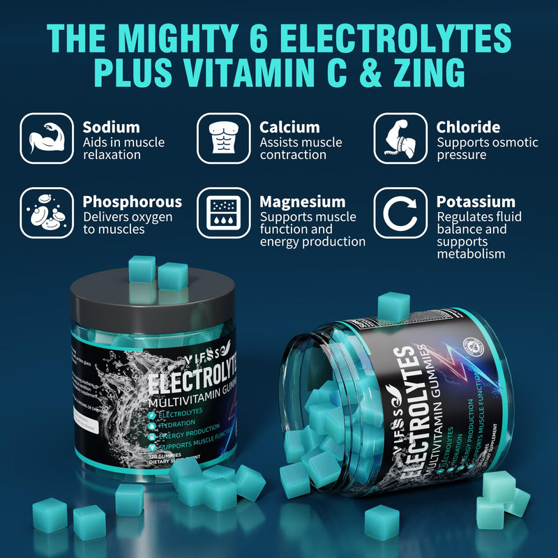 VIFSSG Electrolytes Gummies No Sugar, 120 Chewable Electrolyte Gummies with 6 Electrolytes for Runners and Endurance Sports, Refreshing Blue Raspberry, Hydration Electrolyte Chews, 1 Pack 120 Count (Pack of 1)