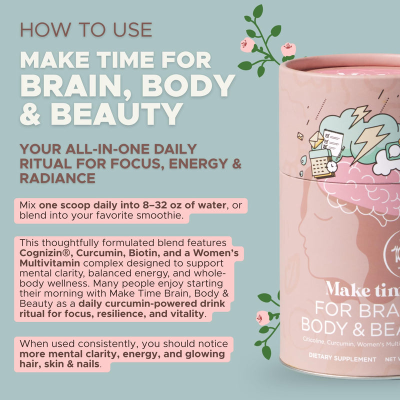 MAKE TIME Brain Health Powder Supplement for Women for Mood, Focus & Energy Boost | Cognizin, Biotin, Vitamin B6, B12, MCTs, Acetyl-L-carnitine, and Curcumin 7.4 oz (30 Servings)