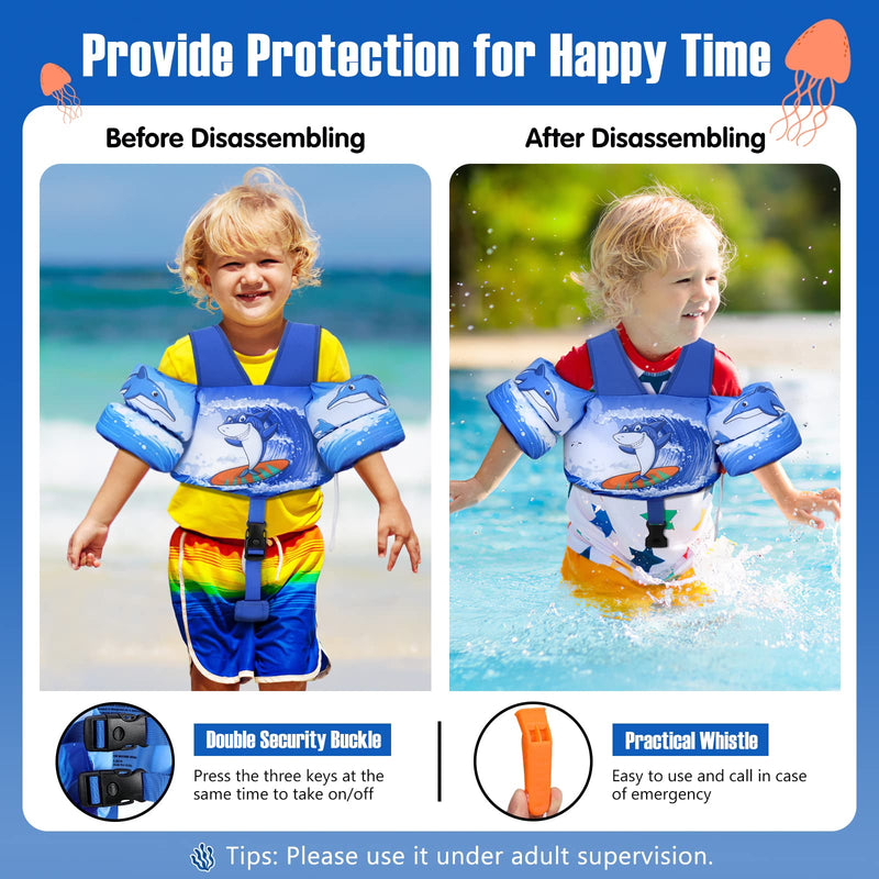 MoKo 13-30 lbs/30-70 lbs Toddler Floaties Arm Floaties, Toddler Swim Vest Cartoon Swim Arm Band for Kids with Crotch Strap Pool Float Vests Sleeves Shoulder Straps Learn to Swim Blue Surf Shark for kids 30-70 lbs - BeesActive Australia