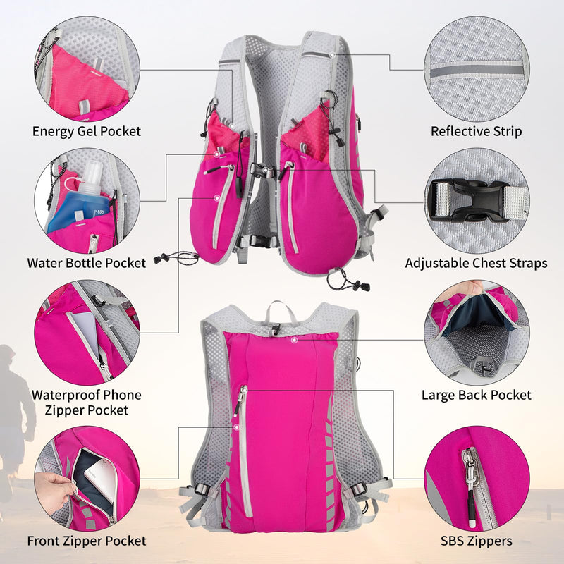 NONSAR Running Vest for Men Women, Running Vest Backpack, Lightweight Pack with 500ml Soft Flask, Adjustable Chest Straps and Reflective Running Hydration Vest for Running Hiking Cycling Camping Pink