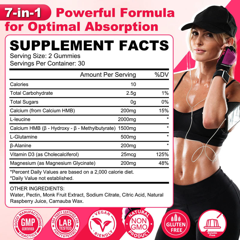 2 Pack HMB and Leucine Gummies HMB Supplements for Men & Women, Vegan | HMB & Leucine Amino Acid for Muscle Growth, Muscle Relief, Sugar Free, Non-GMO, Raspberry Flavor, 120 Count 60 Count (Pack of 2)
