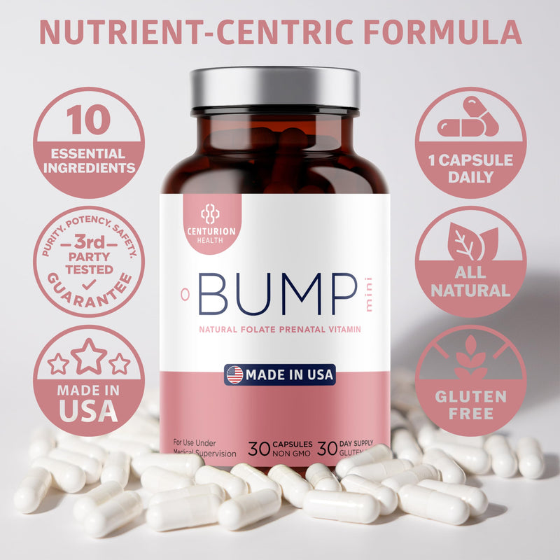 Centurion Health Bump Mini Complete Prenatal Vitamins for Women with Folate, Choline, Carbonyl Iron, Zinc, Vitamin D3 and Vitamin B12 for Fetal Development and Pregnancy Support, 30 Caps