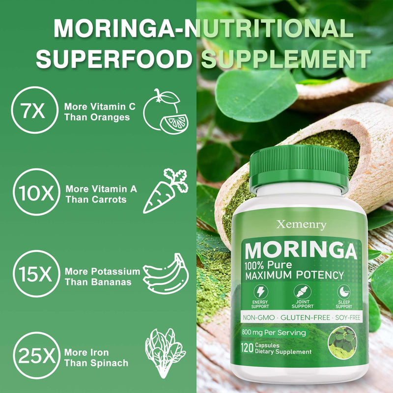 Moringa Capsules, Pure Moringa Powder Capsules - Supports Energy, Immune Support, Gut Health, Green Superfood with Vitamins & Amino Acids - 120 Capsules