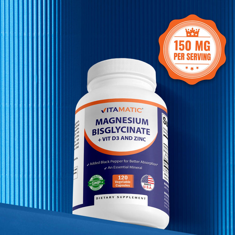 Vitamatic Magnesium (from Bisglycinate & Oxide) with Vitamin D3 & Zinc - 120 Veg Capsules - Supports Muscle, Joint, Nerve & Heart Health – Non-GMO, Gluten-Free - 2 Pack