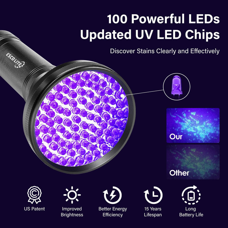 Escolite UV Flashlight Black Light, 100 LED 395 nM Ultraviolet Flashlights UV blacklight Detector for Dog Urine, Pet Stains and Bed Bug, Matching with Pet Odor Eliminator - BeesActive Australia