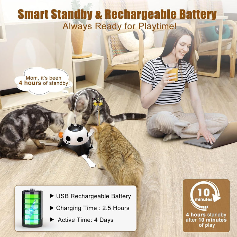 3-in-1 Automatic Cat Toys for Indoor Cats, Fluttering Butterfly, Whack a Mole, Rotating Feather Wand, USB Rechargeable Interactive Feather Toys for All Breeds (Black) Black - BeesActive Australia